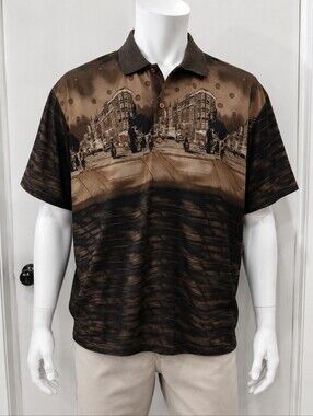 Vintage Gentleman's Club Abstract City Print Polo Shirt Brown Size XXL